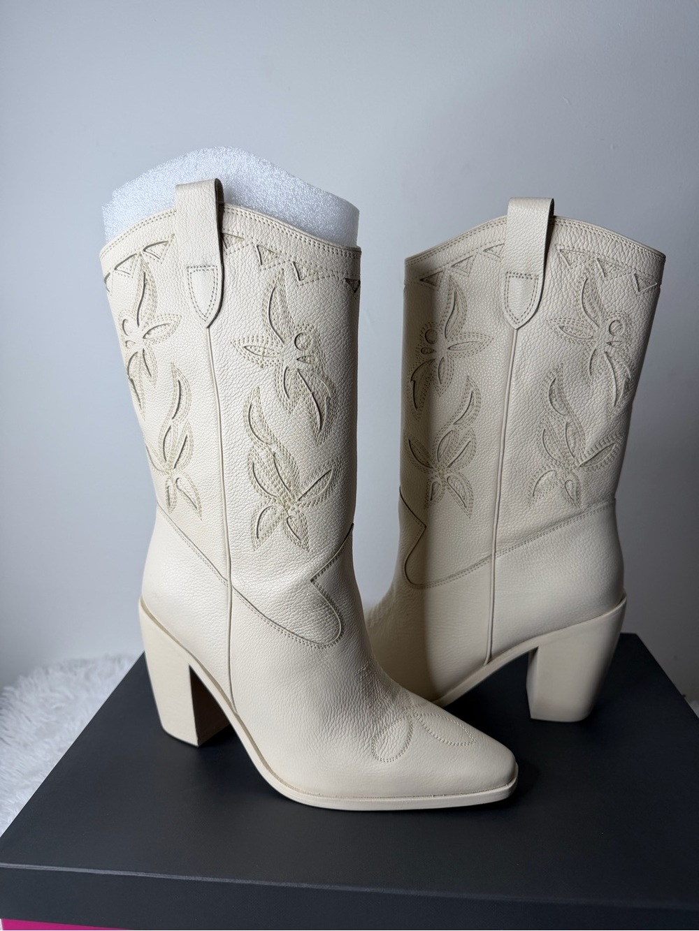 Vince Camuto Cream Embossed Mid-Calf Heeled Boots